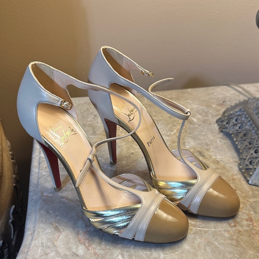 Christian Louboutin Gino T-Strap Beige and Metallic Closed Toed Heels EU 38.5
